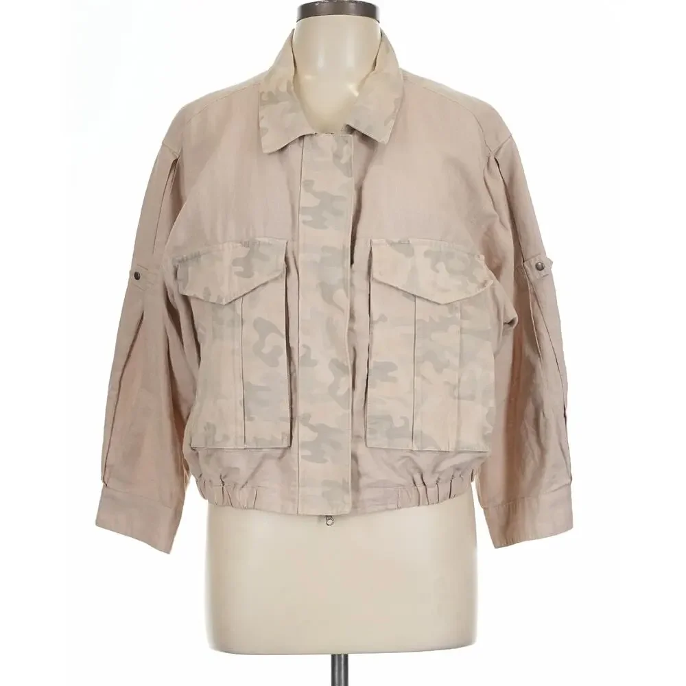 Anthropologie Hei Hei Ronan Tan Camouflage Cropped Linen Jacket Size XL Boho Y2K